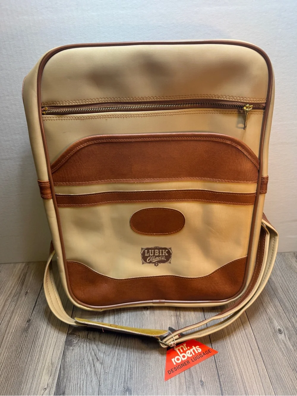Vintage Mr. Roberts Designer Luggage bag cream brown vinyl Lubik Oldsmobile Logo